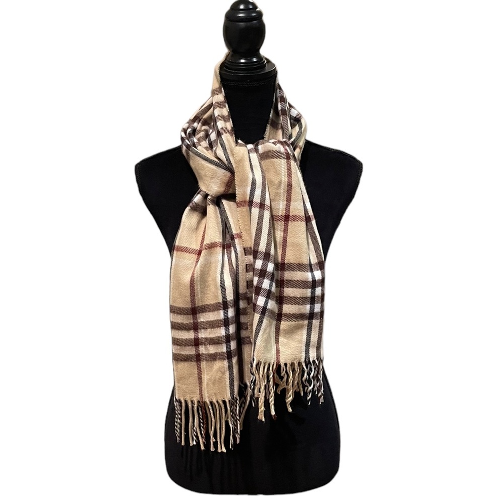Unisex brown & beige plaid soft cold weather scarf gender neutral warm preppy